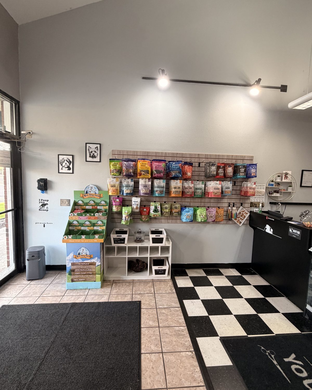 Just inside the front door at You Dirty Dog, with the treat wall and front desk