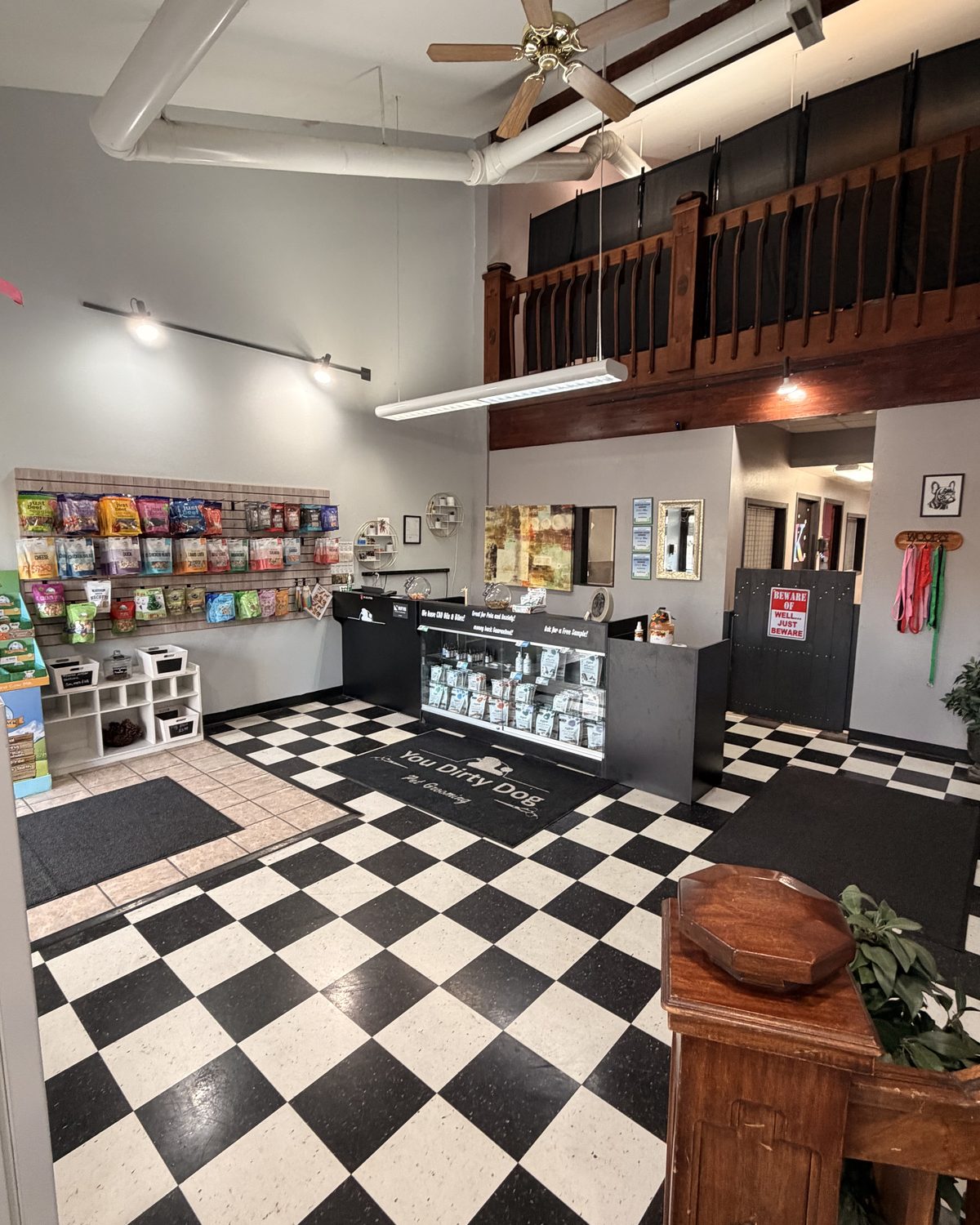 The front lobby at You Dirty Dog, with the grooming counter and black-and-white checkered floor